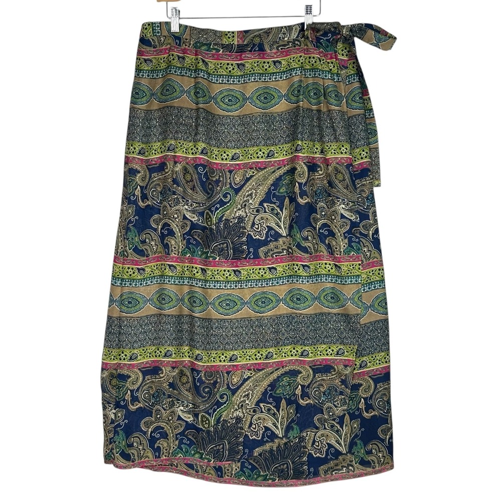 Valerie Stevens 100% Silk Wrap Skirt 20W Paisley Midi Tie Waist‎ Lined Boho